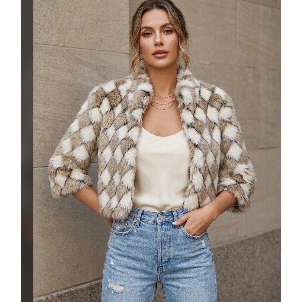 Forever 21 Faux Fur Diamond Checkered Cropped Jacket Coat Cream Tan Brown...